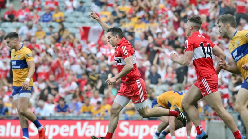Benny Heron celebrates scoring a goal in Derry's All-Ireland SFC quarter-final win over Clare at Croke Park on Saturday<br />Picture: Margaret McLaughlin&nbsp;