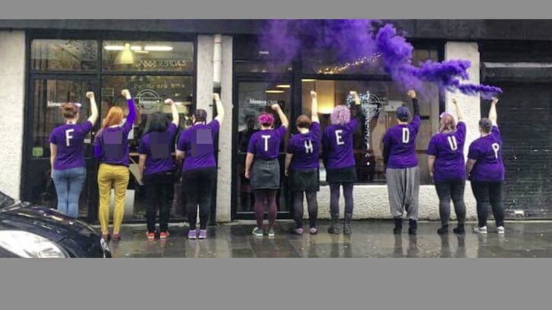 Abortion activists in Belfast last month with T-shirts spelling out &#39;F*** the DUP&#39; 