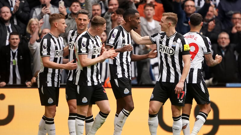 Newcastle’s Alexander Isak (centre) celebrates his second goal against Tottenham