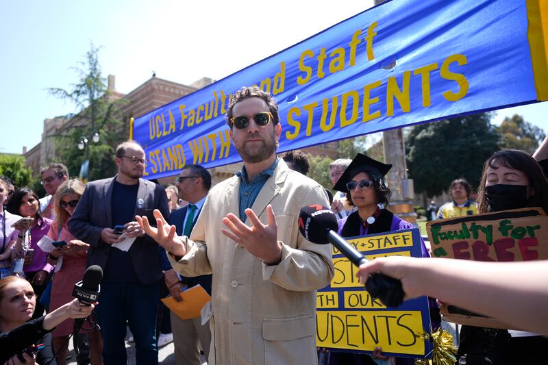 UCLA professor Nick Shapiro speaks after clashes between pro-Israel and pro-Palestinian groups (AP Photo/Jae C Hong)