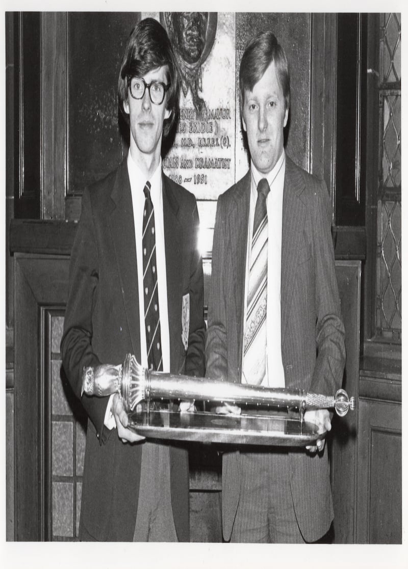 Clark McGinn (left) with Charles Kennedy (right) and the Observer Mace in 1982 