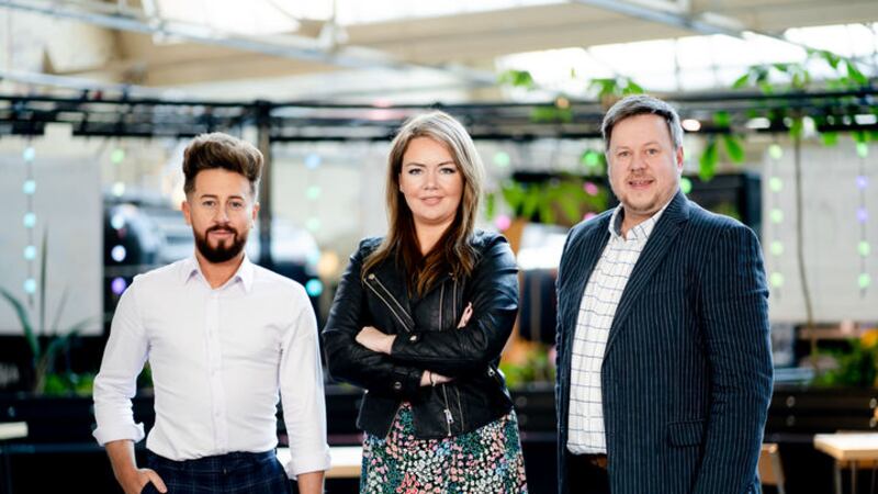 Comedian and TikTok star Serena Terry, AKA Mammy Banter (centre), is pictured at Banana Block in Belfast with interior designer Paul Moneypenny (left) and AIB mortgage adviser Craig Service (right), ahead of AIB&rsquo;s Rate My Home Live. The event will be virtually live streamed on Wednesday March 30 at 7pm