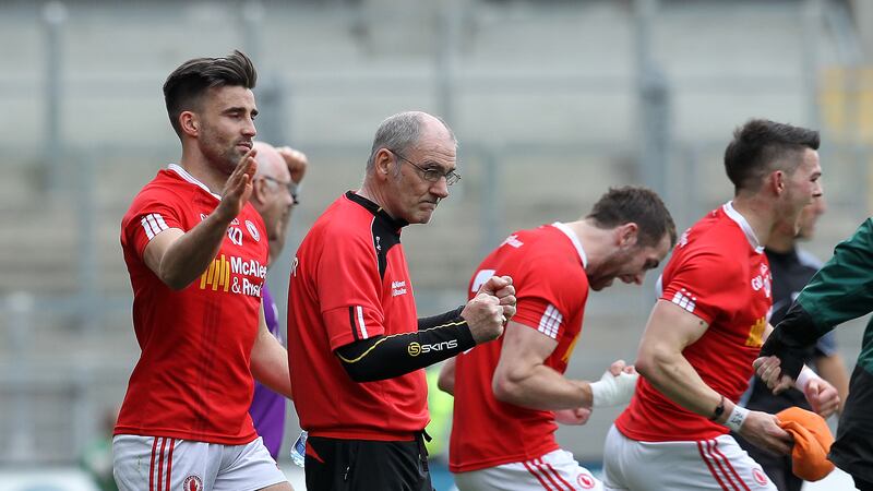 Mickey Harte and Tiern&aacute;n McCann at the end of Sunday's quarter-final in Croke Park &nbsp;