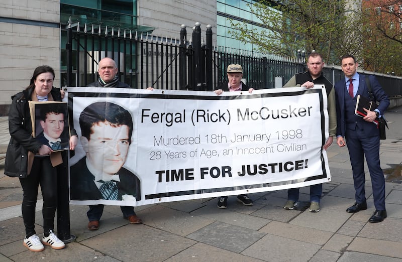 Family Members of  Fergal McCusker attend the Inquest at Laganside courts on Tuesday.
PICTURE COLM LENAGHAN
