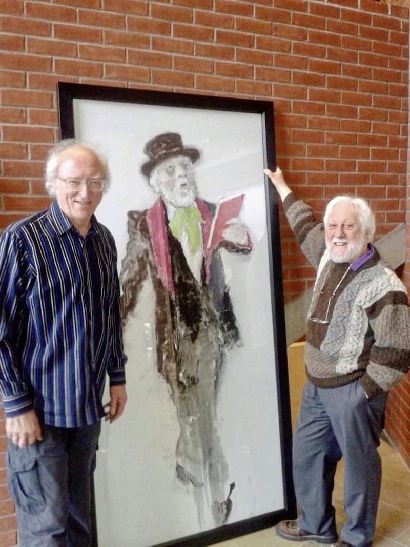 Sam McCready with his good friend artist Neil Shawcross and Neil&rsquo;s portrait of Sam as Charles Dickens 