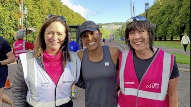 Kelly Holmes (centre) with Stormont parkrun directors Gillian Sadlier and Marianne Hood 