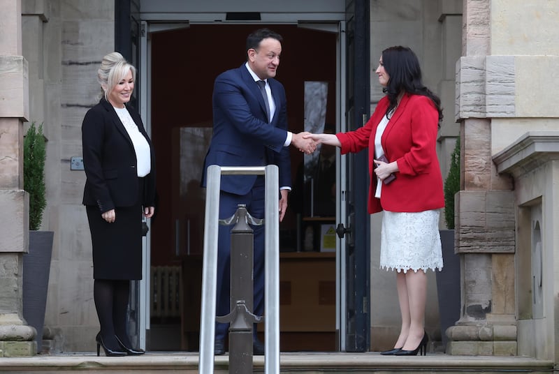 First Minister Michelle O'Neill and Deputy First Minister Emma Little-Pengelly meets with Taoiseach Leo Varadkar  at Stormont Castle on Monday.
Picture: COLM LENAGHAN