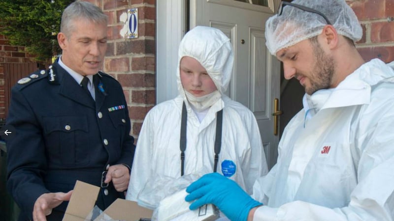 Kieran Robison, 13, often sets up fake crime scenes in the garden of his home in Newcastle.