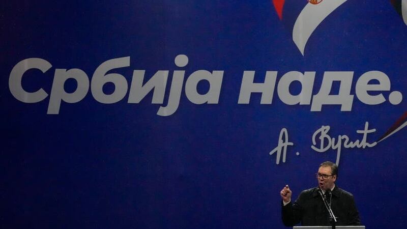 Aleksandar Vucic speaks during a major rally in Belgrade (Darko Vojinovic/AP/PA)
