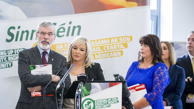 &nbsp;Sinn Fein party president Gerry Adams (L) during launch of the party' Westminster Election Manifesto 2017 at The Junction Community Centre, Dungannon with leader in Northern Ireland Michelle O'Neill, and Westminster candidates Michelle Gildernew for Fermanagh South Tyrone, Elisha McCallion for Foyle, and Chris Hazzard for South Down. Liam McBurney/PA Wire