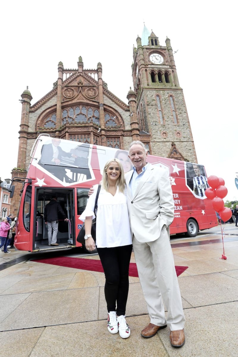 Phil Coulter and James McClean&#39;s wife Erin at the Foyle Legends bus unveiling in Derry.  