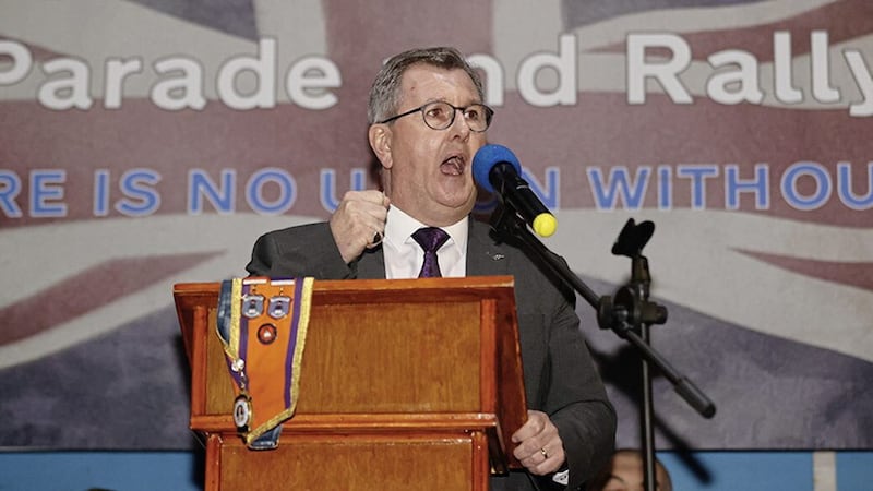 Sir Jeffrey Donaldson speaking at an anti-protocol rally in March. Picture by Liam McBurney/PA Wire 