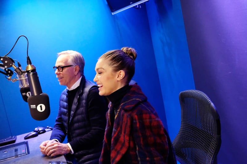 Gigi Hadid and Tommy Hilfiger in the studio.