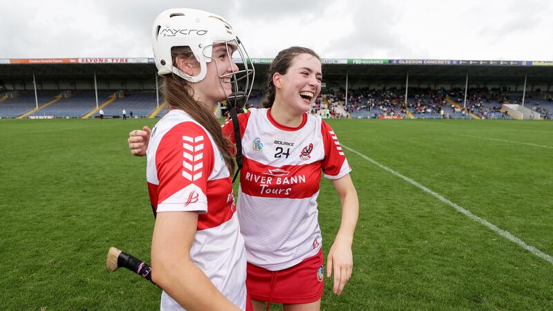 Aoife Shaw (left) celebrates Derry's extra-time win over Kilkenny with team-mate Rachel McAllister Picture by INPHO