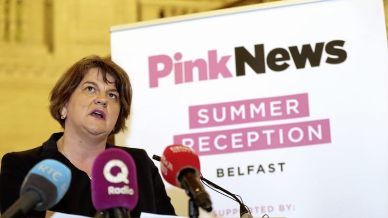 DUP leader Arlene Foster speaking at the PinkNews Summer Reception at Stormont. Picture by Declan Roughan 