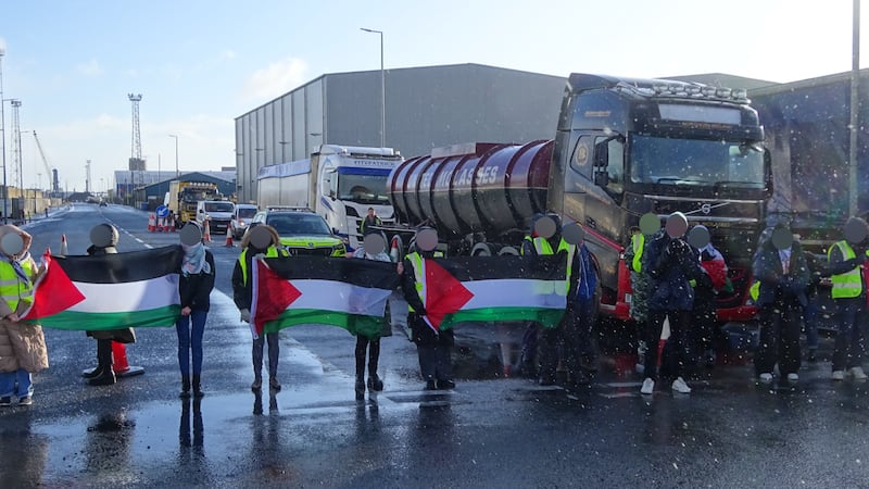 Activists block a road at Belfast Harbour on Monday morning as part of a global day of action in support of Gaza.