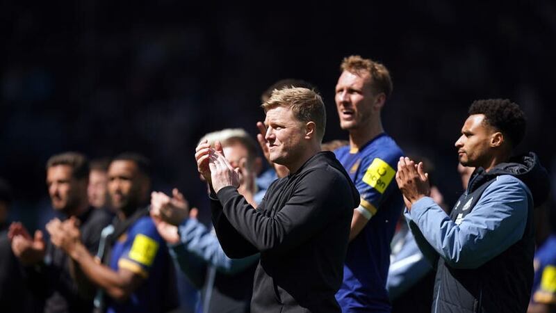 Newcastle boss Eddie Howe applauds his club’s fans at Elland Road shortly after he had been confronted a by Leeds supporter in the technical area (Mike Egerton/PA)
