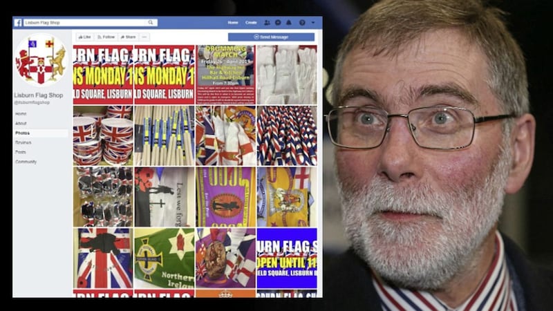 The DUP&#39;s Nelson McCausland, and inset, a Facebook page for the Lisburn Flag Shop 