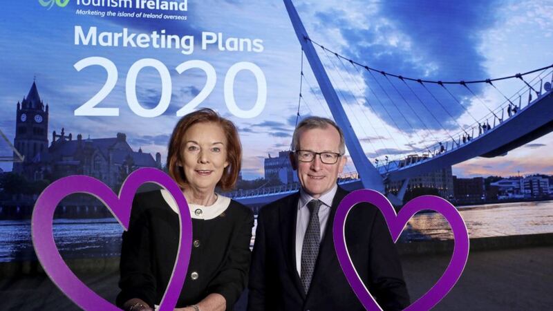 Tourism Ireland chair Joan O&rsquo;Shaughnessy and chief executive and Niall Gibbons launch the body&#39;s marketing strategy for 2020-2022 and its marketing plans for 2020 in Belfast. Photo: William Cherry/Presseye 