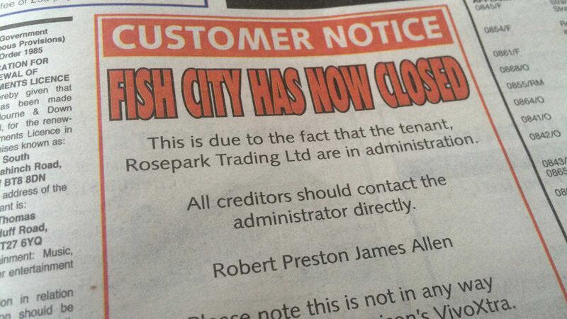 Notice informing customers that Fish City has closed 