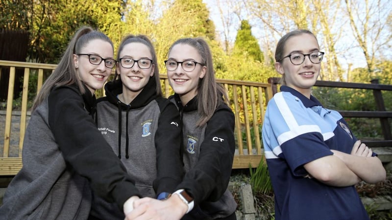 Eilis Turley (right) will play for Rathmore Grammar today against her three sisters Brid, Aoife and Cora in the Northern Ireland Schools' netball final. Picture by Declan Roughan