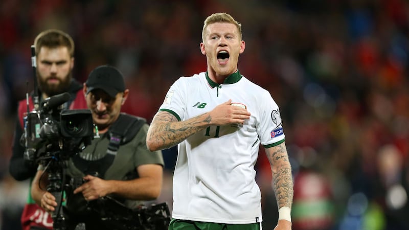 &nbsp;Republic of Ireland's James McClean aknowledges the fans after the final whistle of the 2018 FIFA World Cup Qualifying Group D match at the Cardiff City Stadium, Cardiff. &nbsp;Nigel French/PA Wire. <br />&nbsp;