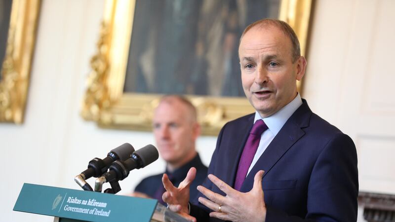 Taoiseach Miche&aacute;l Martin speaking to the media after giving an address on the Shared Island initiative at Dublin Castle. Picture by Julian Behal Photography/PA Wire&nbsp;