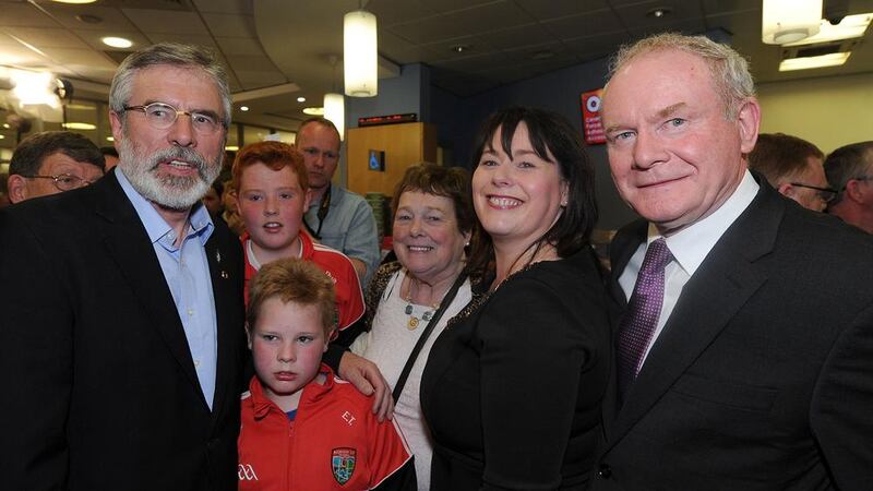 Sinn F&eacute;in&#39;s Michelle Gildernew with Gerry Adams and Martin McGuinness after her defeat in Fermanagh-South Tyrone 