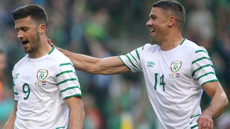 Republic of Ireland's Shane Long celebrates scoring his side's first goal with Jonathan Walters during the International friendly with the Netherlands at the Aviva Stadium, Dublin on May 27, 2016. Picture by Brian Lawless, Press Association