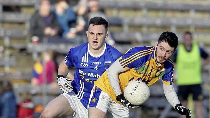 Kilcar's Ryan McHugh takes his place on the half-back line of the Donegal club Allstars