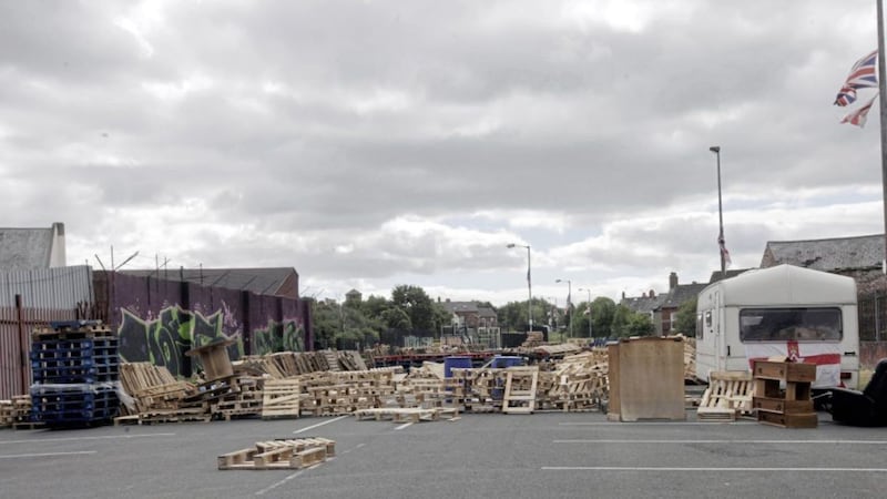 Bonfire material in a car park off the Newtownards Road in east Belfast 
