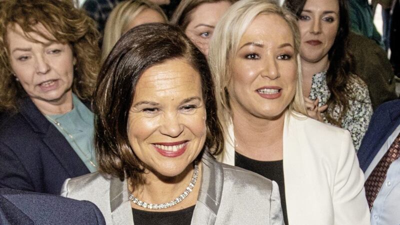Sinn F&eacute;in president Mary Lou McDonald with vice-president Michelle O&#39;Neill at the assembly election count in Belfast last month 