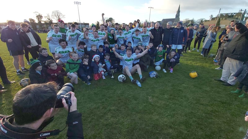 Newry Shamrocks celebrate beating Carryduff to win the Down Intermediate Hurling Championship. Picture by Dermot Donnelly&nbsp;