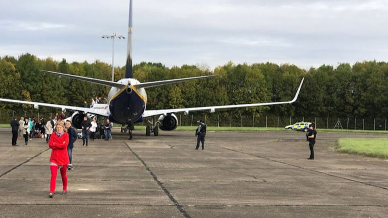 Ryanair plane that was coming from Lithuania to Luton was grounded at Stansted airport where it was escorted into by RAF jets following a security scare.&nbsp;<br />&nbsp;@zulu_wooloo/PA Wire&nbsp;