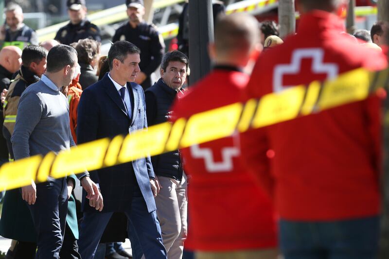 Spanish Prime Minister Pedro Sanchez arrives at the site of the 14-storey building burned down in Valencia, Spain (Alberto Saiz/AP)