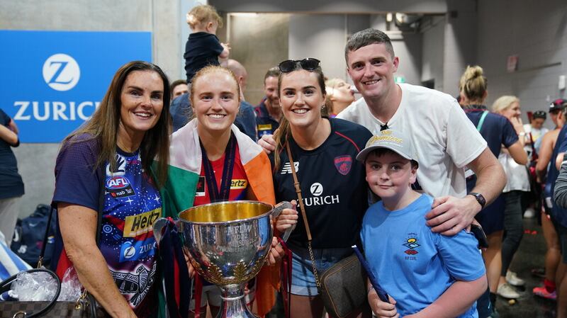 Members of the Mackin family, including Aimee, pictured with Blaithin after last year's AFLW Grand Final in which she helped Melbourne Demons to victory. Picture: AFL Photos