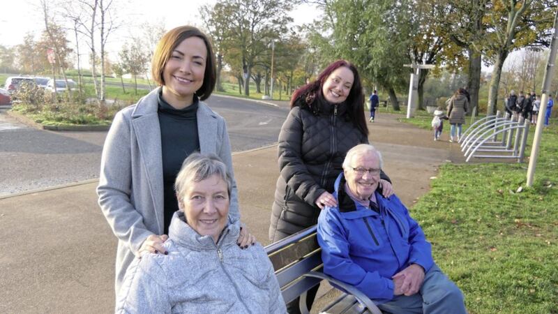 Clayre Thompson with her mother Linda and friends Emma and Roy Fisher on one of their walks in the park organised by Dementia Friendly East Belfast 