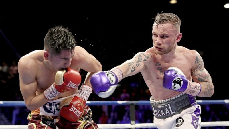 Carl Frampton hammers Leo Santa Cruz with a right hand during his only previous fight in Las Vegas 
