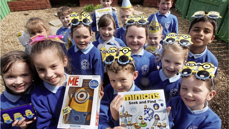 Pupils from St. Paul&#39;s Primary School, Irvinestown pictured with the surprise Minion gifts and treats from Universal Studios. Picture by Ann McManus 