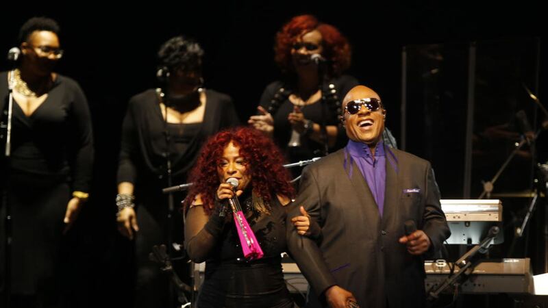 Stevie Wonder and Chaka Khan perform during a tribute concert honouring Prince who died in April. Picture by Jim Mone, Associated Press 