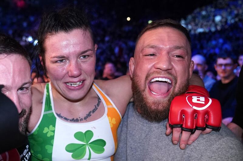 Sinead Kavanagh celebrates with Conor McGregor after her win over Leah McCourt<br />Picture: Brian Lawless/PA