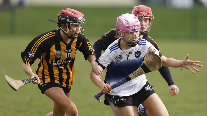 St Patrick’s, Maghera wing-back Ellie Griffin in action against Loreto, Kilkenny’s Sarah Kehoe during the All-Ireland Junior A final in Darver         Picture by John McIlwaine