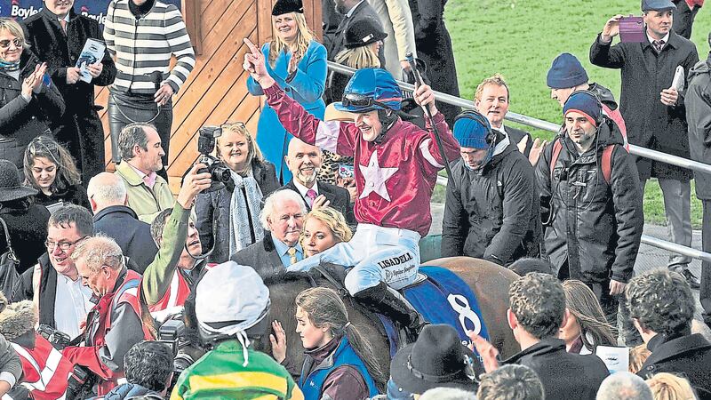 Ger Fox is all smiles after guiding 16/1 chance Rogue Angel to victory in the BoyleSports Irish Grand National at Fairyhouse yesterday