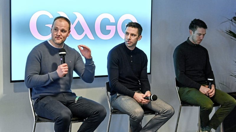 Former players, from left, Michael Murphy, Marc O&rsquo;Se and Seamus Hickey at the media launch of the GAAGO 2023 at Croke Park in Dublin 