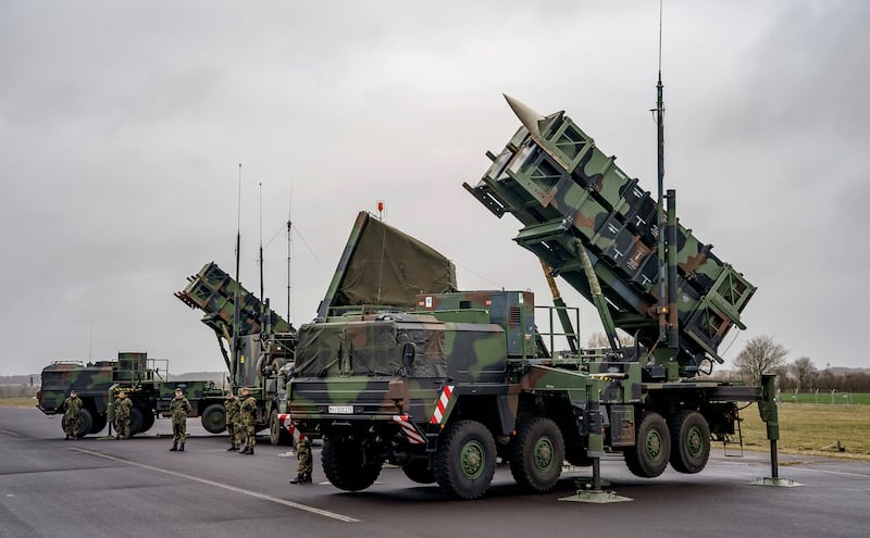 Ready-for-combat ‘Patriot’ anti-aircraft missile systems (Axel Heimken/dpa via AP)