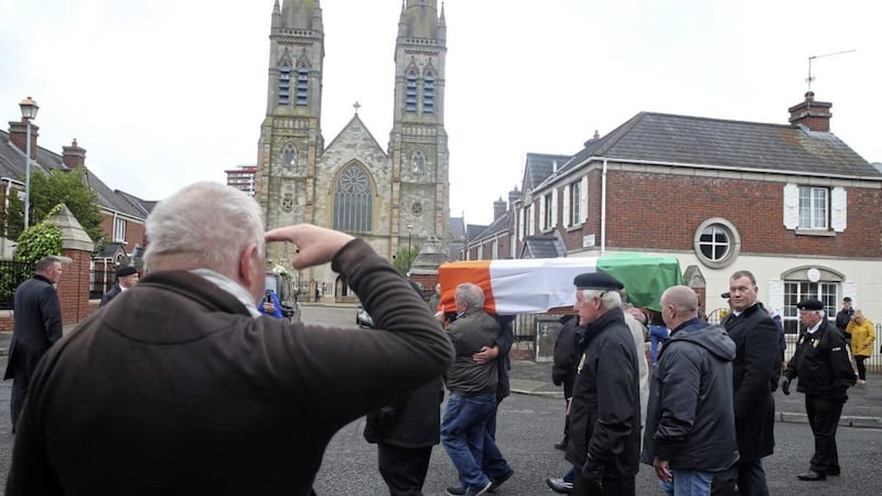 The remains of veteran republican Billy McKee are brought to St Peter&#39;s Cathedral in west Belfast. Picture by Mal McCann 