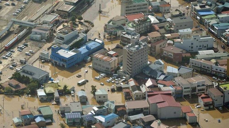 An aerial view shows a flooded area of Kuji city, Iwate prefecture, Japan, PICTURE: Kyodo News via AP 