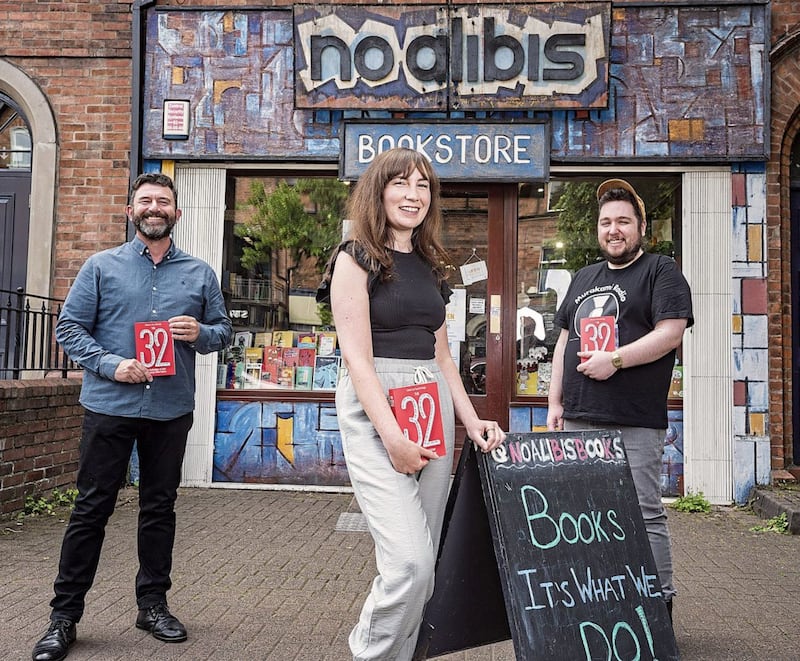 Launching The 32 at No Alibis in Belfast are, pictured left to right, editor Paul McVeigh, Belfast writer Riley Johnston and Lisburn author Marc Gregg. Picture by Brian Morrison 