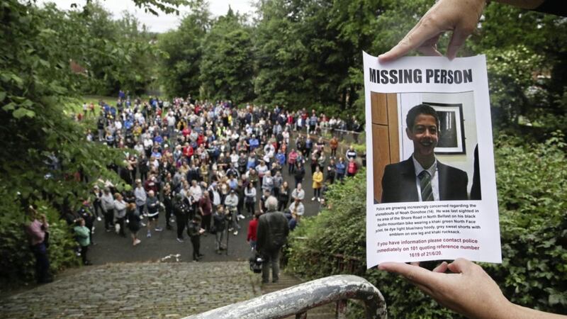 Volunteers gather in north Belfast to search for missing 14-year-old Noah Donohoe. Picture by Hugh Russell 