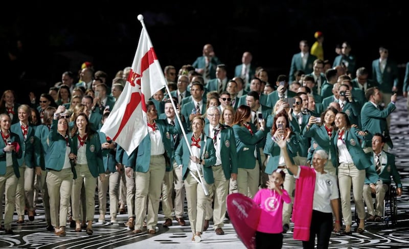 Northern Ireland&rsquo;s flag bearer Caroline O&#39;Hanlon leads the team out during the Opening Ceremony for the 2018 Commonwealth Games at the Carrara Stadium in the Gold Coast, Australia. 